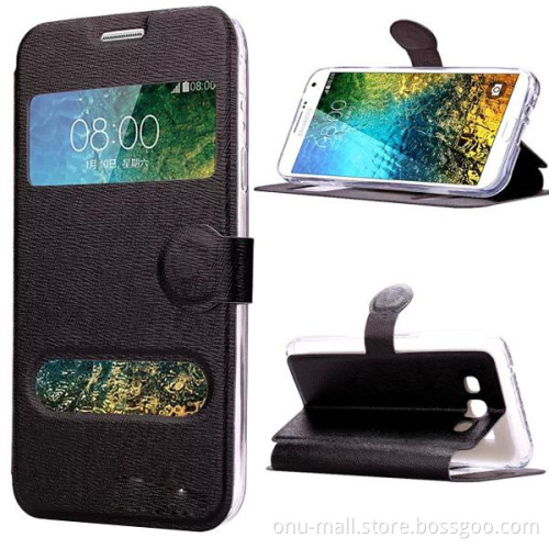 With Dual Display Window Silk texture Wallet Flip Cover for Samsung Galaxy E7 Leather Case